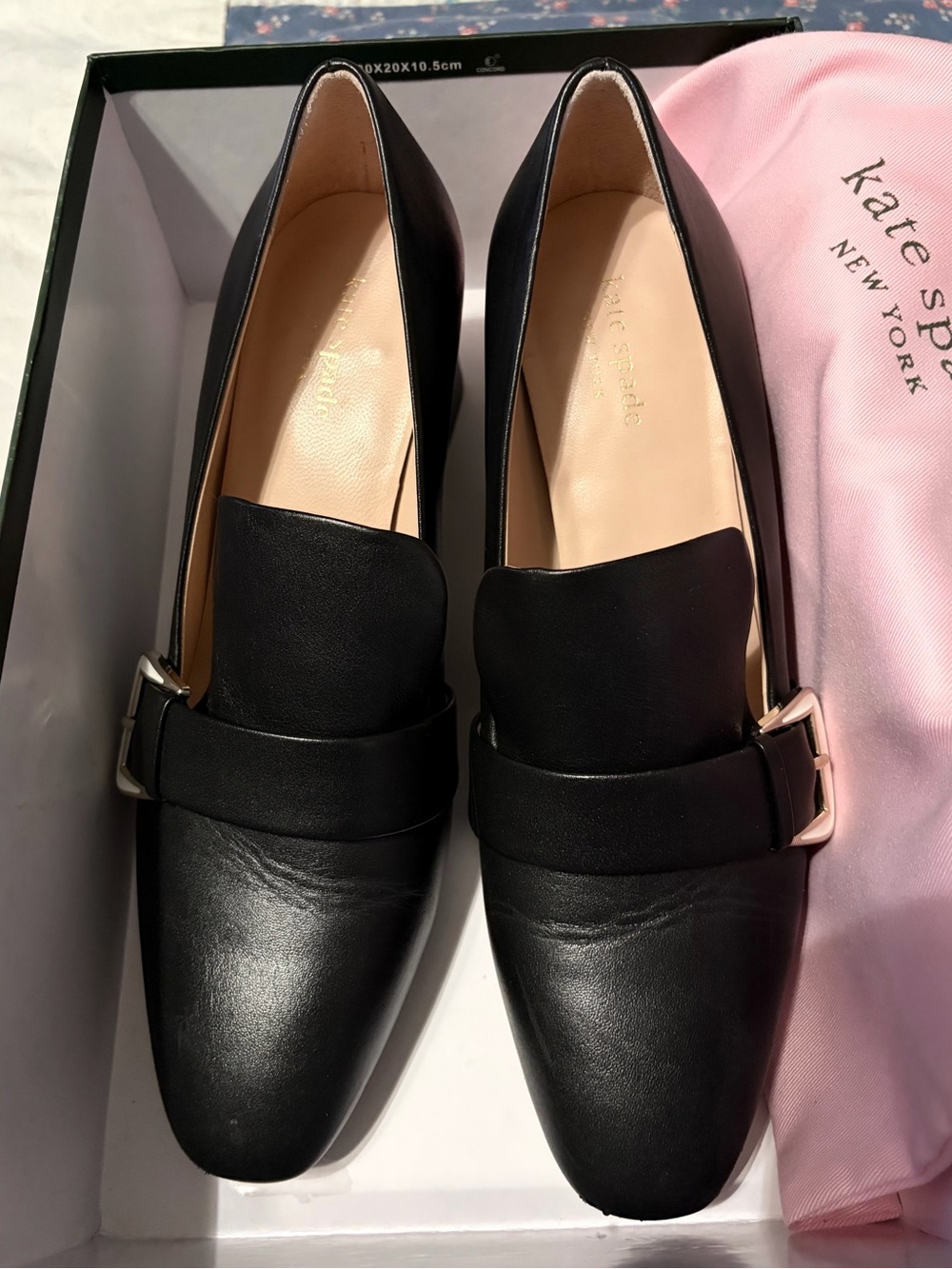 Kate Spade Alia Black Block Heel Pump size 9 Leather Chunky Silver Tone Buckle